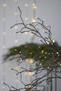 Noel ağacının arka planında ilginç bir kompozisyonda güzel sarı çelenkler. Tasarım için yeni yıl teması