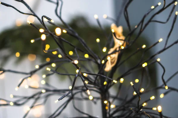 Beautiful yellow garlands in an interesting composition on the background of a Christmas tree. New Year theme for design — Stock Photo, Image