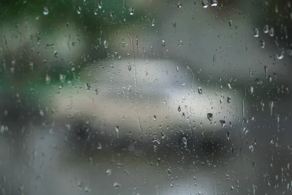 Window Overlooking Rainy Street Gloomy Evening Weather View Road Drops — Stock Photo, Image