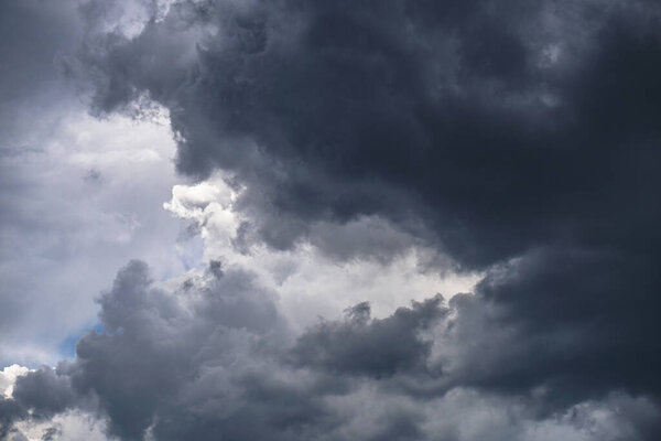 Terrible thunderclouds from the side of a plane. Gloomy epic clouds. Background image in a dark gray style.