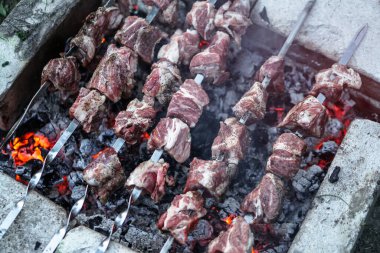 Ateşte kavrulmuş et. Kamp kebabı pişiriyorum. Barbekü