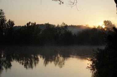 Güzel bir sabah nehri, sisli bir göl ve güneş ışınları. Akşamları ağaçlar ve çalılar parlıyor. Tasarım için stok doğa arka planı.
