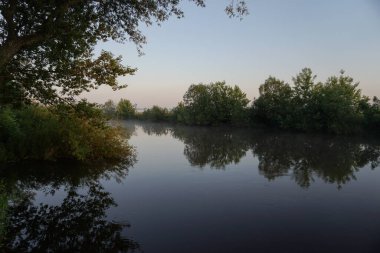 Güzel bir sabah nehri, sisli bir göl ve güneş ışınları. Akşamları ağaçlar ve çalılar parlıyor. Tasarım için stok doğa arka planı.