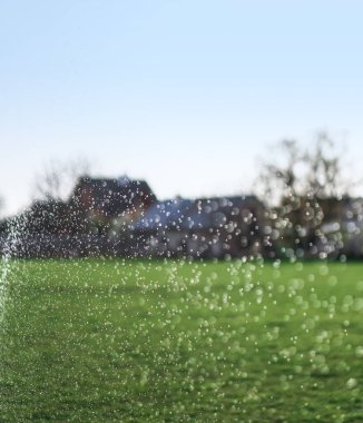 Arazide sulama sistemi var. Kırık bir hortum su sızdırıyor. Yeşil, güzel bir arka plan. Köy bahçesi