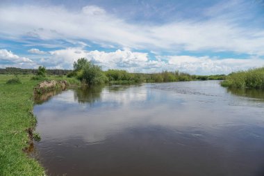 Akan doğada güzel bir kaynak nehri. Sabahları ve akşamları renkli manzaralar. Dünyanın ıssız yerlerine seyahat et. Tasarım için stok fotoğrafı