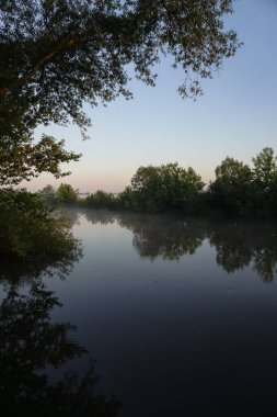 Güzel bir sabah nehri, sisli bir göl ve güneş ışınları. Akşamları ağaçlar ve çalılar parlıyor. Tasarım için stok doğa arka planı.
