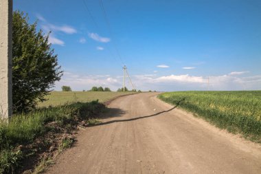 Tepelerin arasındaki yol tarlasında. Doğadaki manzara parktaki rezerv içinde. Stok fotoğraf arkaplanı