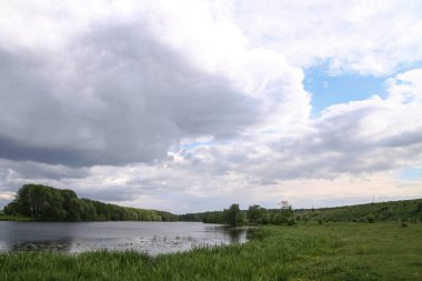 Güzel bir nehir manzarası ve tepelerin arkasında kuğular. Avrupa 'daki ekolojik bölgede bir göl. Tasarım için resim stoku.