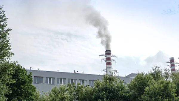 Gökyüzüne Karşı Duman Olan Bitkinin Borusu Çevre Kirliliğinin Fabrika Çevre — Stok fotoğraf