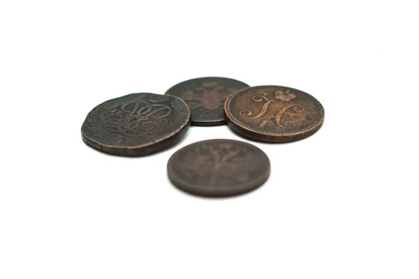Стародавні Монети Російської Царської Імперії Колекціонує Фон Ізольованому Тлі Нумізматики — стокове фото