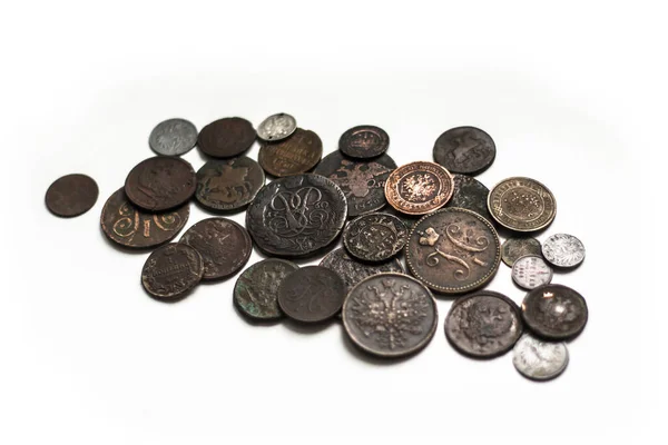Starożytne Monety Rosyjskiego Imperium Carskiego Kolekcjonerskie Tło Odosobnionym Tle Numizmatyka — Zdjęcie stockowe