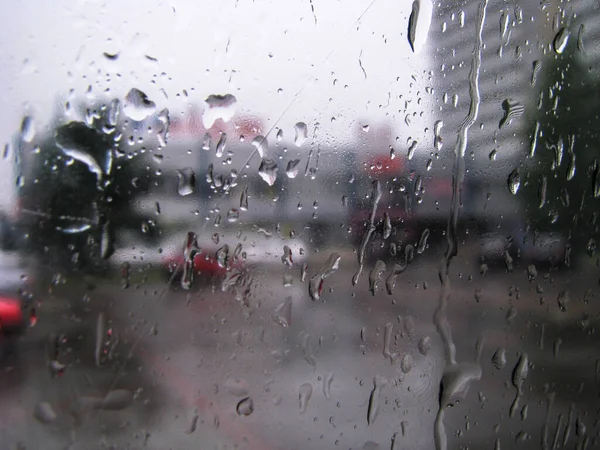 Drops Glass Overlooking Street Car Window Road Urban Theme Stock — Stock Photo, Image