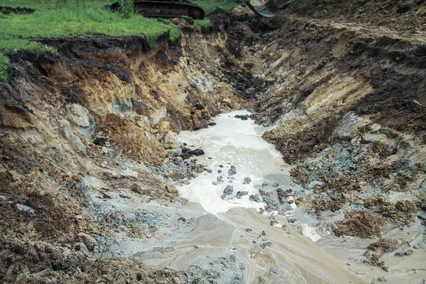 Dug Hole Ground Filled Water Level Swamp Element Destroyed Human — Stock Photo, Image