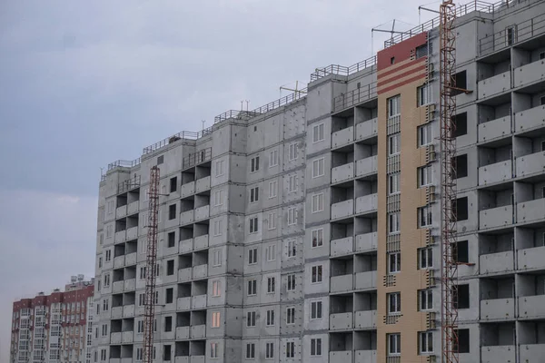 Large Construction Site Background Blue Sky Brick Panel Apartment Building — Stock Photo, Image