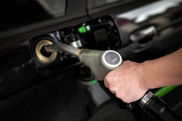 Hand Filling Tank Diesel Self Service Gas Station — Stock Photo, Image