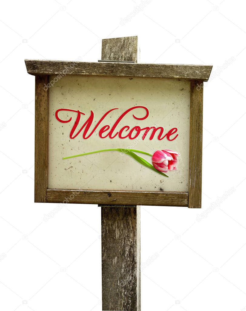 Wooden welcome sign with tulip