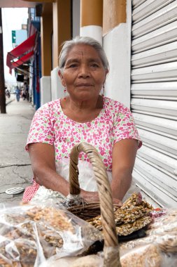 Oaxaca, Meksika - 8 Mayıs 2015: Oaxaca, Meksika için sokakta geleneksel Meksika tatlılar satan yaşlı kadın. Tatlı adını Palanquetas veya pepitorias vardır. Onlar genellikle düz, diskleri veya bloklar vardır. Yerli Meksikalılar onları ben ile yapar