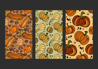 Dekorasyon ve kıyafet baskısı, duvar kağıdı, baskı, ambalaj tasarımı için farklı kabak, kabak ve kabak desenli vektör sonbahar desen koleksiyonu. Sebze motifli klasik süsler, kabak ailesinin meyveleri, zikzaklar, benekler..