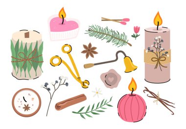 Colorful collection of burning candles. Decorative wax candles of various sizes and shapes, candlesticks, accessories for candles, dried flowers and fruits for aromatherapy and relaxation. Hand drawn cartoon illustrations.