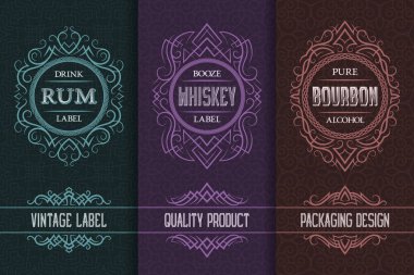 Vintage packaging design set with alcohol drink labels of rum, whiskey, bourbon. clipart