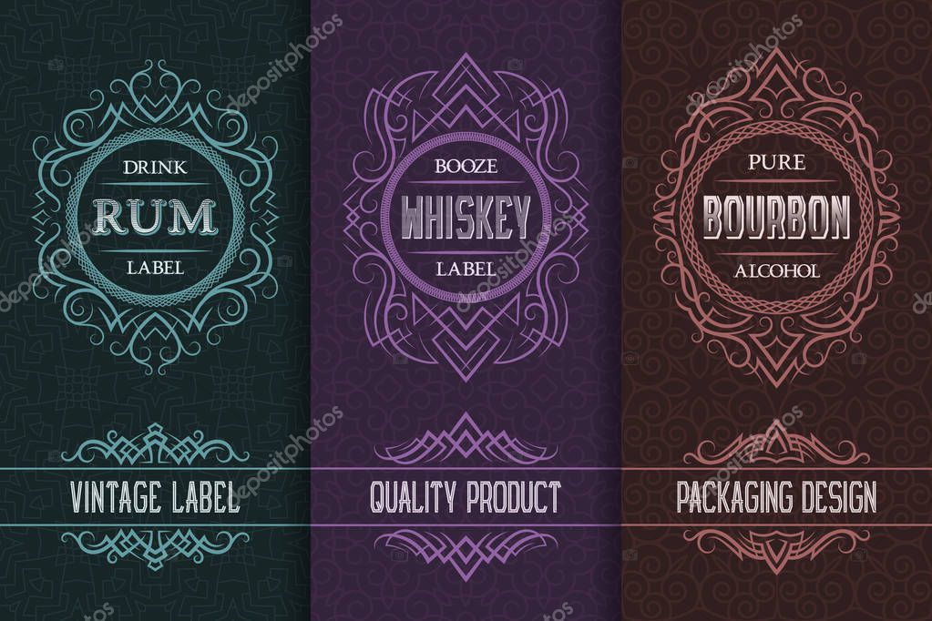 Vintage packaging design set with alcohol drink labels of rum, whiskey, bourbon.
