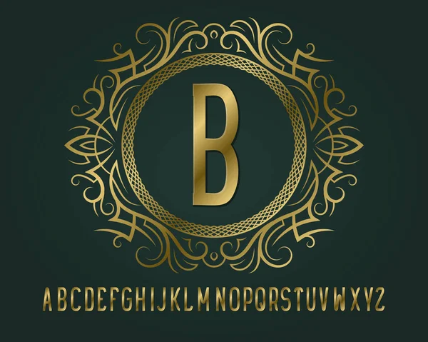 Goldene Monogrammschablone Rundem Gemustertem Rahmen Mit Luxuriösem Alphabet — Stockvektor