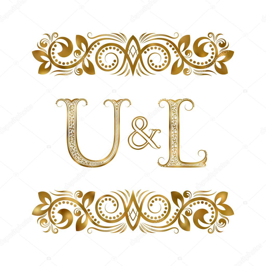 U and L vintage initials logo symbol. The letters are surrounded by ornamental elements. Wedding or business partners monogram in royal style.
