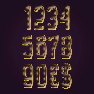 Altın Amerikan Doları ve euro para birimi işaretiyle sayıda yivli. Vektör sembolleri.