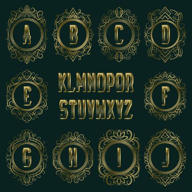 Altın Monogram desenli Yuvarlak Elips Çerçeve kümesi. İzole lüks alfabesi ve logo tasarım öğeleri kiti.