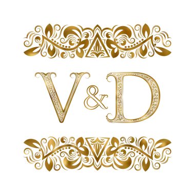 V ve D vintage baş harfleri logo sembolü. Harfleri süs öğeleri tarafından çevrili. Düğün ya da iş ortakları monogram kraliyet tarzı.