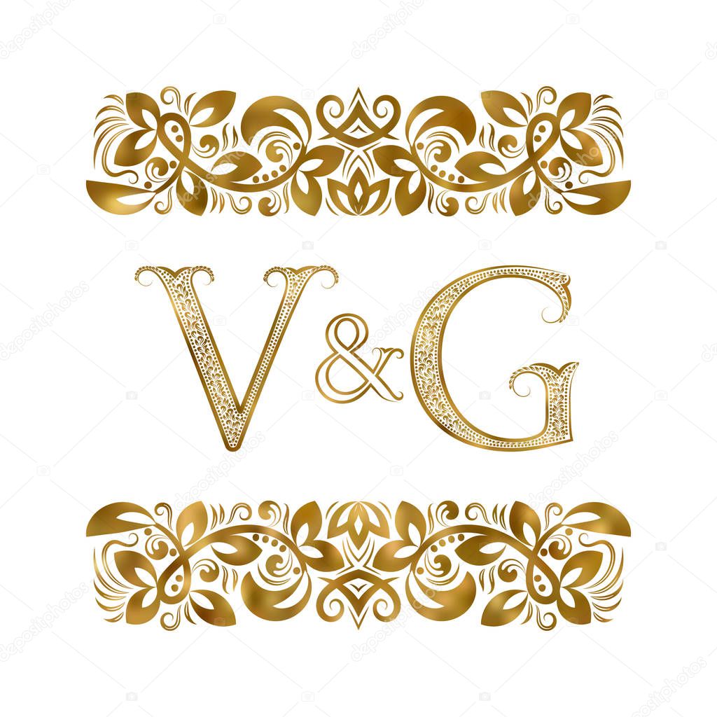 V and G vintage initials logo symbol. The letters are surrounded by ornamental elements. Wedding or business partners monogram in royal style.