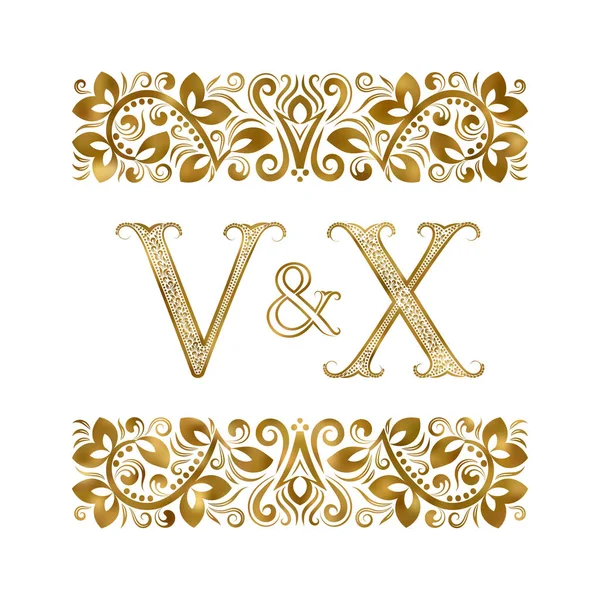V и X винтажные инициалы логотип символ. Буквы окружены декоративными элементами. Монограмма о свадьбе или деловых партнерах в королевском стиле . — стоковый вектор
