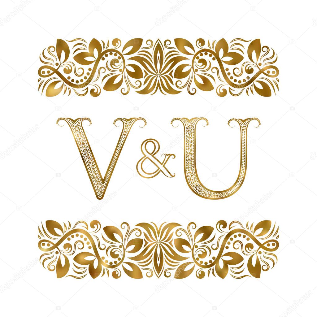 V and U vintage initials logo symbol. The letters are surrounded by ornamental elements. Wedding or business partners monogram in royal style.