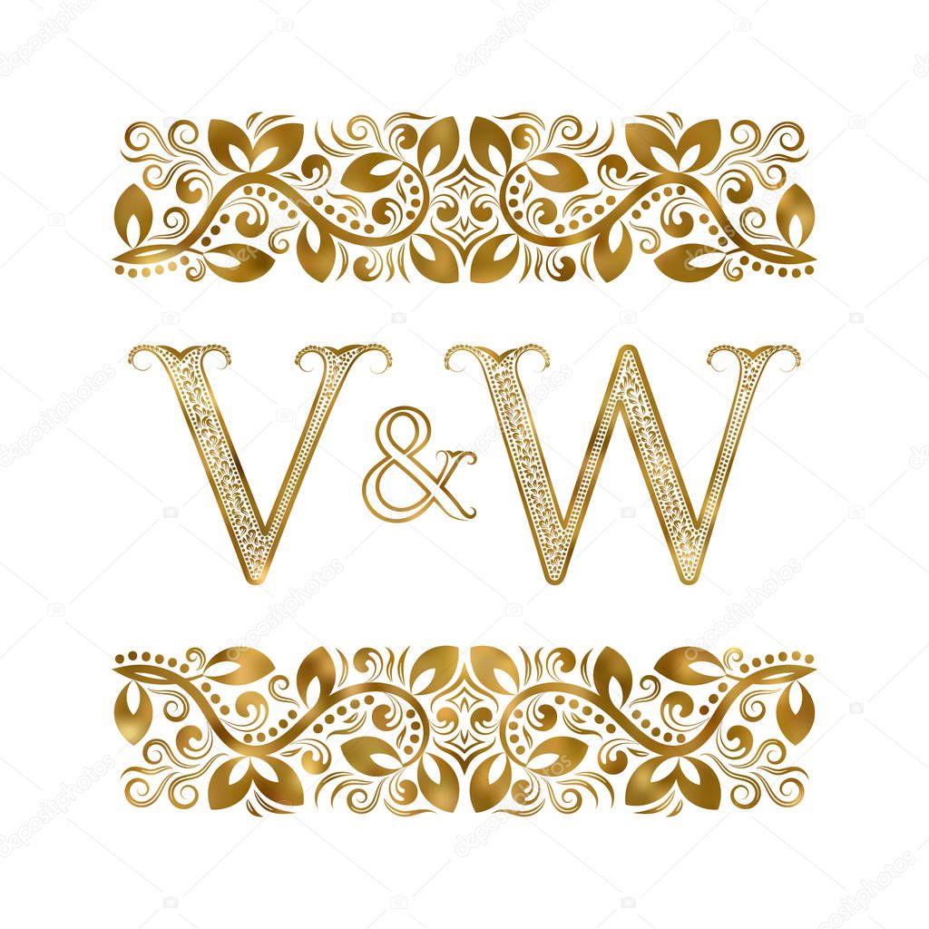 V and W vintage initials logo symbol. The letters are surrounded by ornamental elements. Wedding or business partners monogram in royal style.