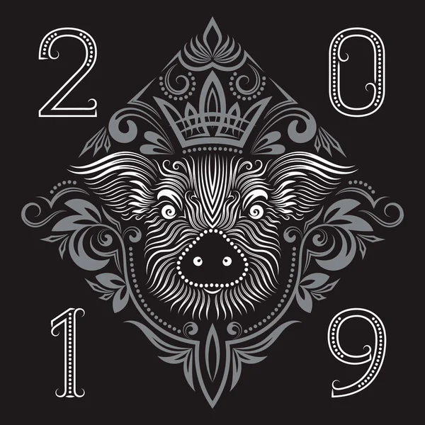 2019 New Year Chinese Horoscope Greeting Card Patterned Pig Head — Stock Vector