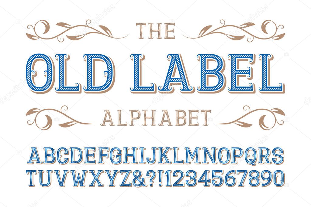 Old label alphabet. Diagonal ribbed letters and numbers with curly serifs.