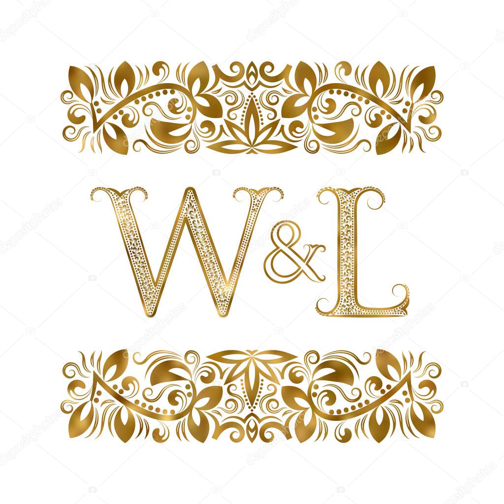 W and L vintage initials logo symbol. The letters are surrounded by ornamental elements. Wedding or business partners monogram in royal style.