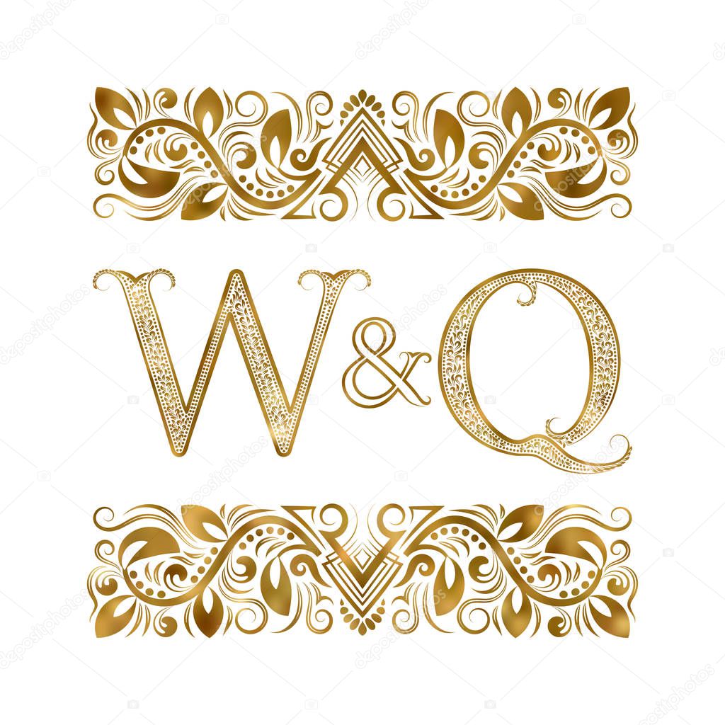 W and Q vintage initials logo symbol. The letters are surrounded by ornamental elements. Wedding or business partners monogram in royal style.