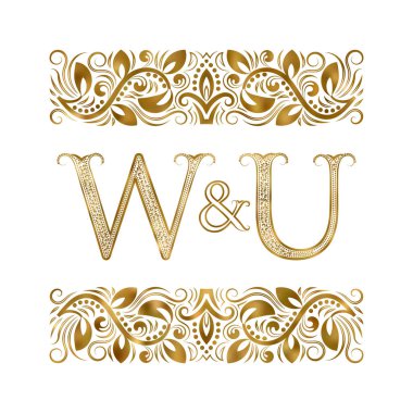 W ve U vintage baş harfleri logo sembolü. Harfleri süs öğeleri tarafından çevrili. Düğün ya da iş ortakları monogram kraliyet tarzı.