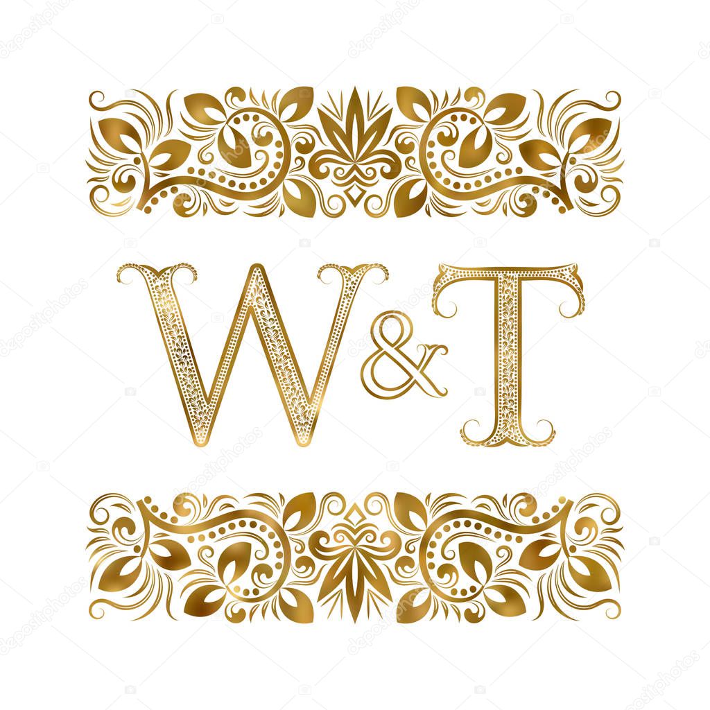 W and T vintage initials logo symbol. The letters are surrounded by ornamental elements. Wedding or business partners monogram in royal style.