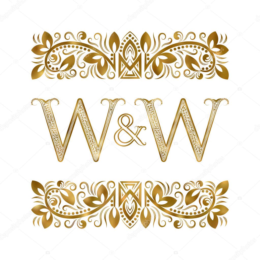 W and W vintage initials logo symbol. The letters are surrounded by ornamental elements. Wedding or business partners monogram in royal style.
