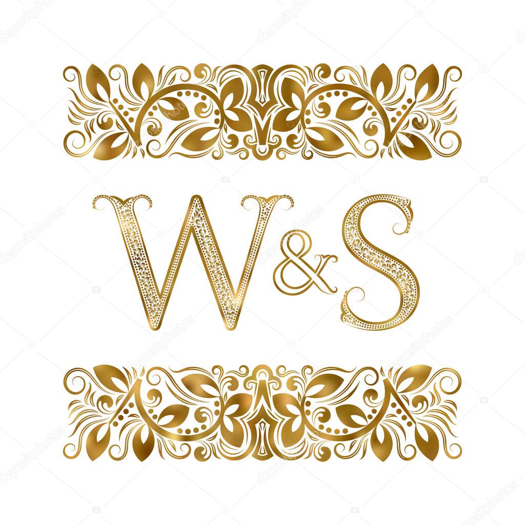 W and S vintage initials logo symbol. The letters are surrounded by ornamental elements. Wedding or business partners monogram in royal style.