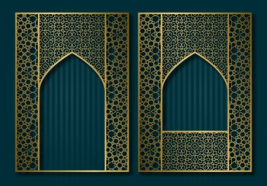 Vintage çerçeveler oryantal kapı ve pencere şeklinde. Broşür, kitap ya da tebrik kartı altın kapak zemin tasarımı.