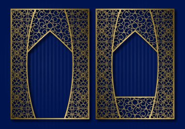 Vintage çerçeveler oryantal kapı ve pencere şeklinde. Broşür, kitap ya da tebrik kartı altın kapak zemin tasarımı.