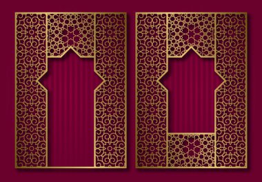 Vintage çerçeveler oryantal kapı ve pencere şeklinde. Broşür, kitap ya da tebrik kartı altın kapak zemin tasarımı.