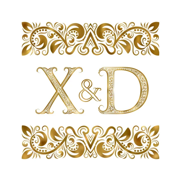 年份的缩写标志符号 这些字母被观赏元素所包围 婚礼或商业伙伴在皇家风格的字母组合 — 图库矢量图片
