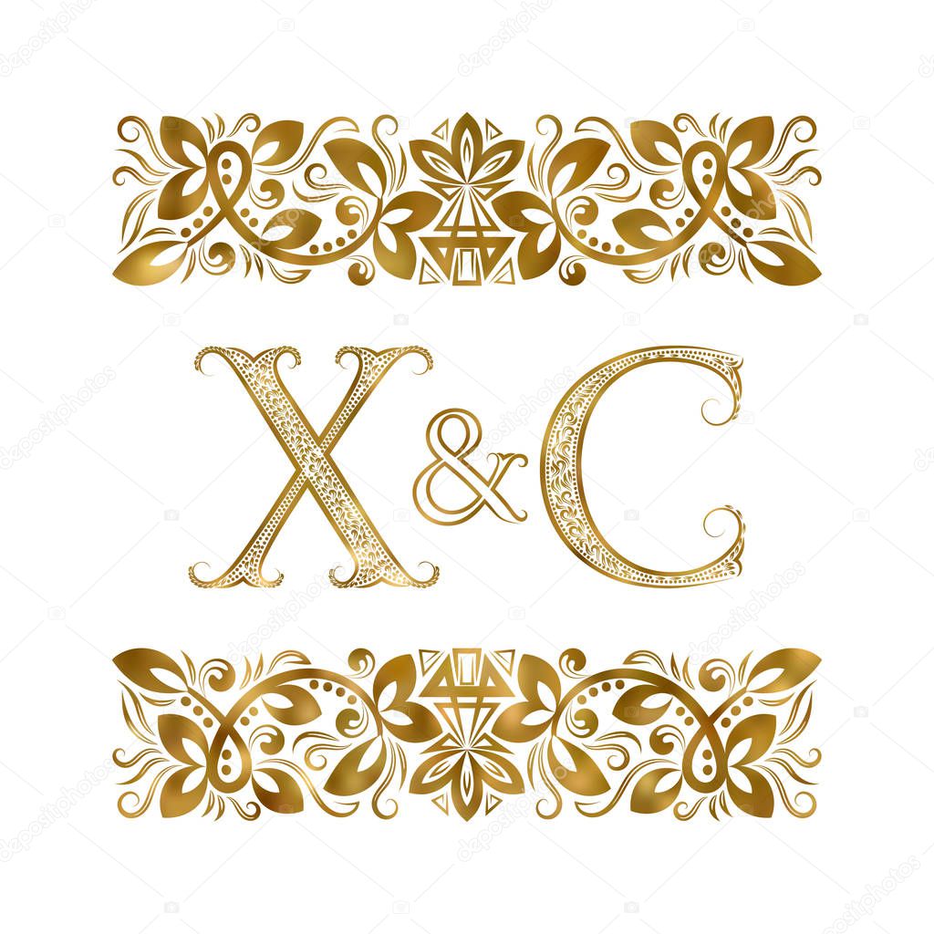 X and C vintage initials logo symbol. The letters are surrounded by ornamental elements. Wedding or business partners monogram in royal style.