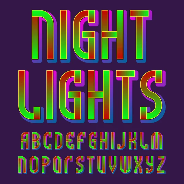 Nacht Lichten Alfabet Gloeiende Levendige Lettertype Geïsoleerde Engelse Alfabet — Stockvector