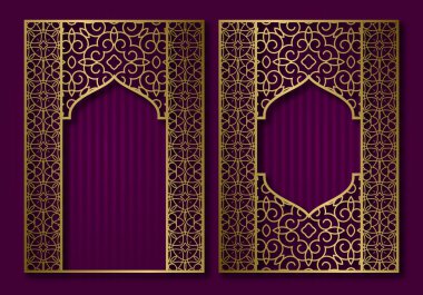 Vintage çerçeveler oryantal kapı ve pencere şeklinde. Broşür, kitap ya da tebrik kartı altın kapak zemin tasarımı.