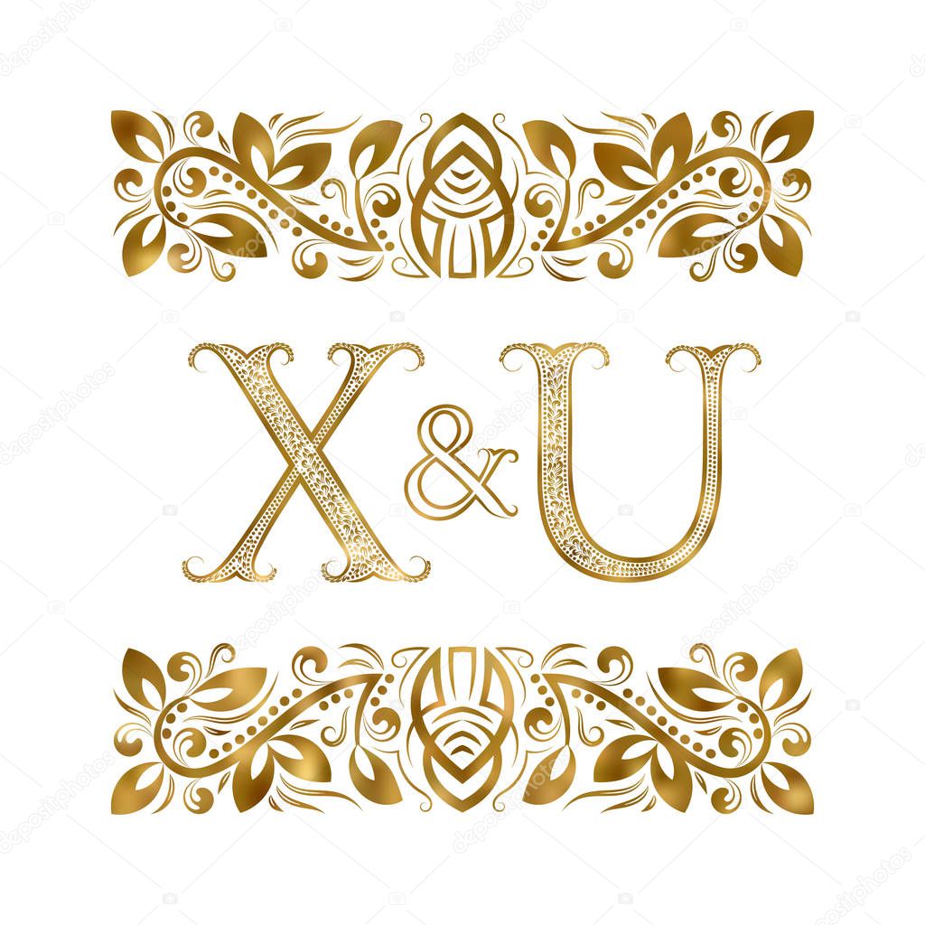 X and U initials vintage logo. The letters surrounded by ornamental elements. Wedding or business partners monogram in royal style.
